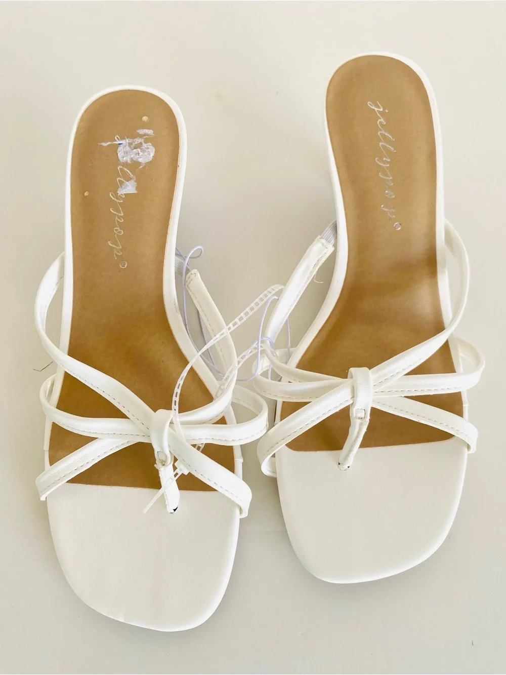 Jelly Pop Women’s White Strappy Knot Heeled Sandals Mules Sz 7.5 Resort Summer